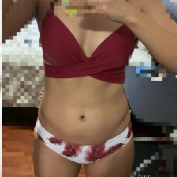 Maroon and White Feather Print Bikini - Picture 6 of 11